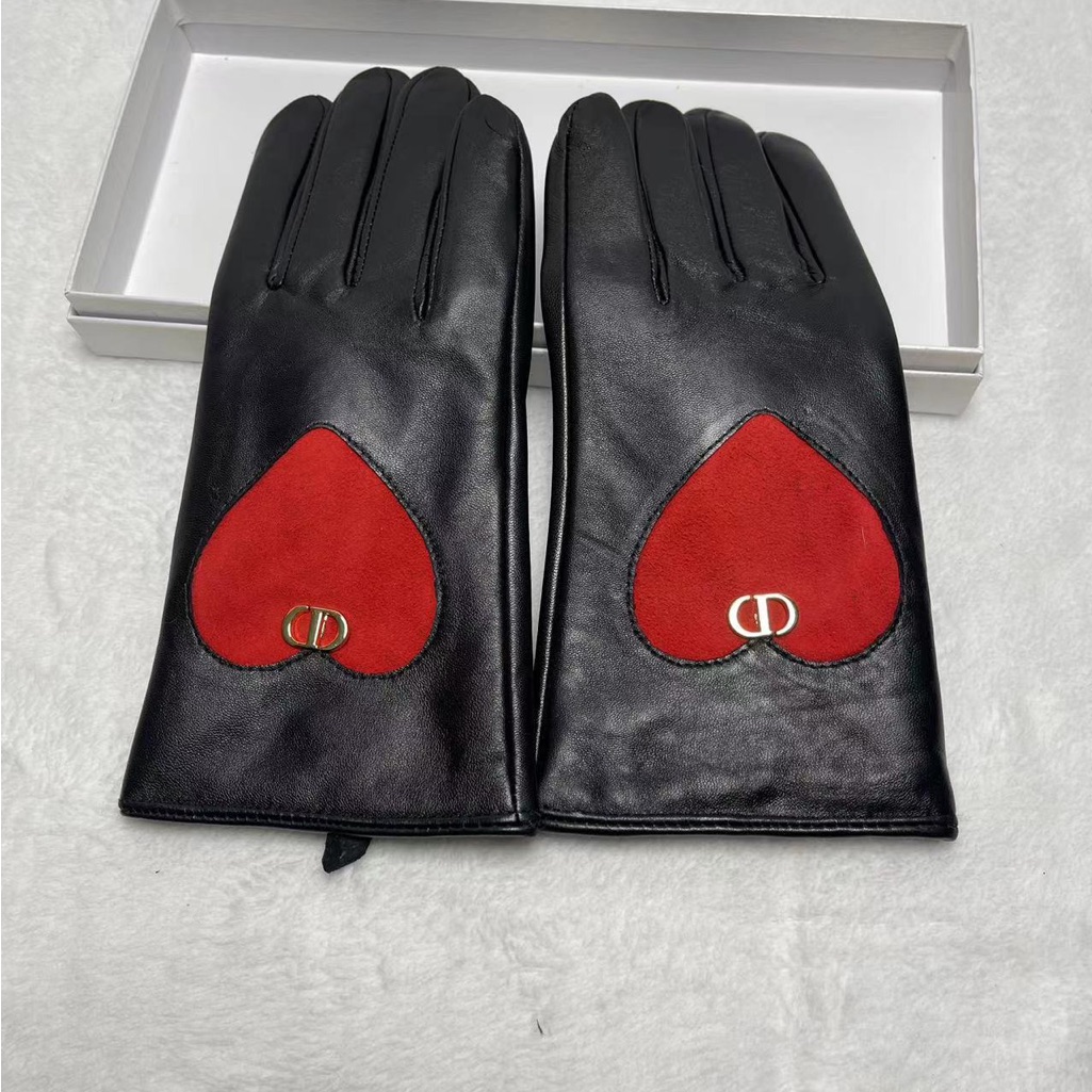 Christian Dior Black Leather Gloves With Red Heart & Cd Logo